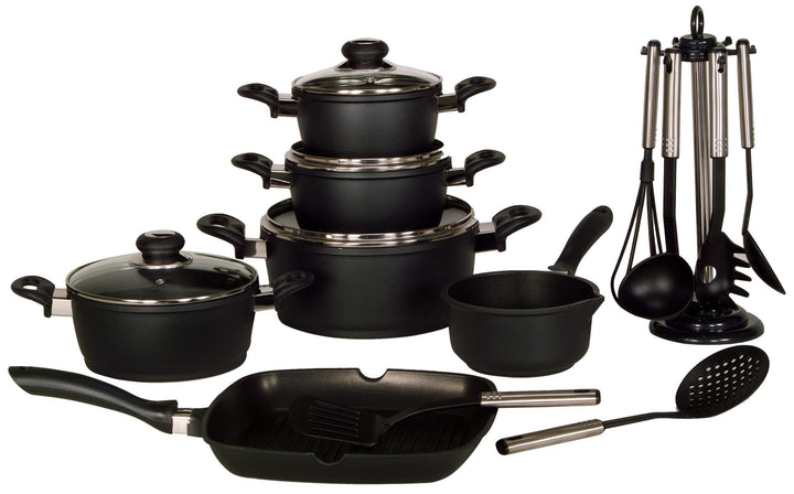 Krüger Aluguss Topfset Schwarz 17-tlg|Antihaft|Töpfe, Grillpfanne &amp; | Antihaft-Versiegelung|Backofen