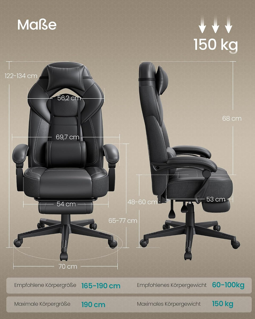SONGMICS Gaming Stuhl, Bürostuhl mit Fussstütze, Schreibtischstuhl, ergonomisches Design, verstellba