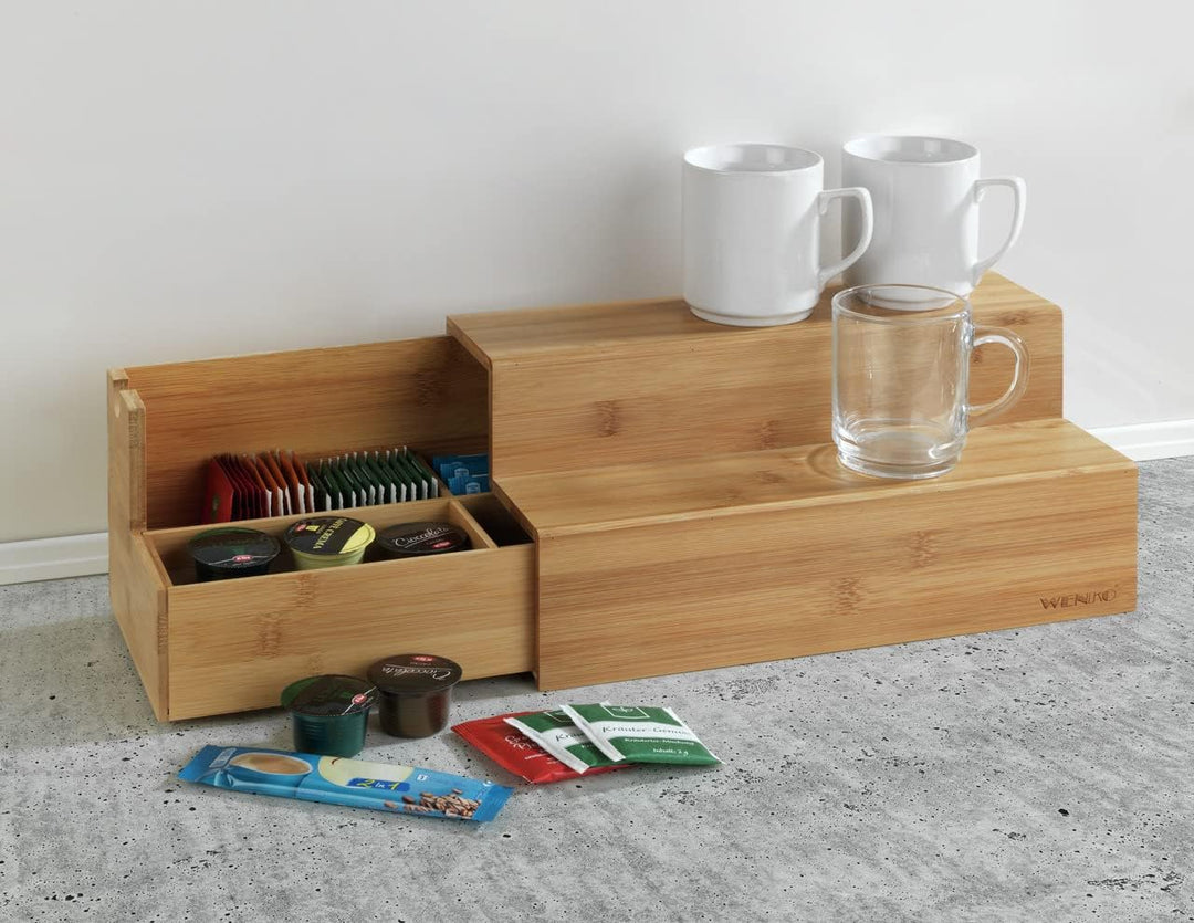 WENKO Bambus Treppe für Kaffee und Tee - Küchenregal mit Schublade, Bambus, 33 x 17.5 x 15 cm, Braun