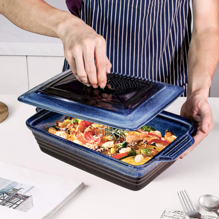 UNICASA Keramik Auflaufform Mit Deckle, Backformen Rechteckig 39 x 24 x 9 cm, Pastetenform Steinzeug