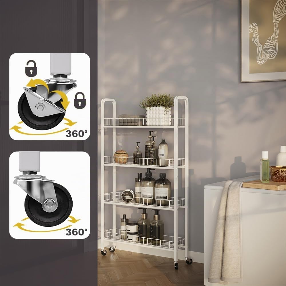 Vicco Rollregal Rolivo, Weiss, 58 x 15 cm mit 4 Fächern, auf Rollen flexibel positionierbar für schm