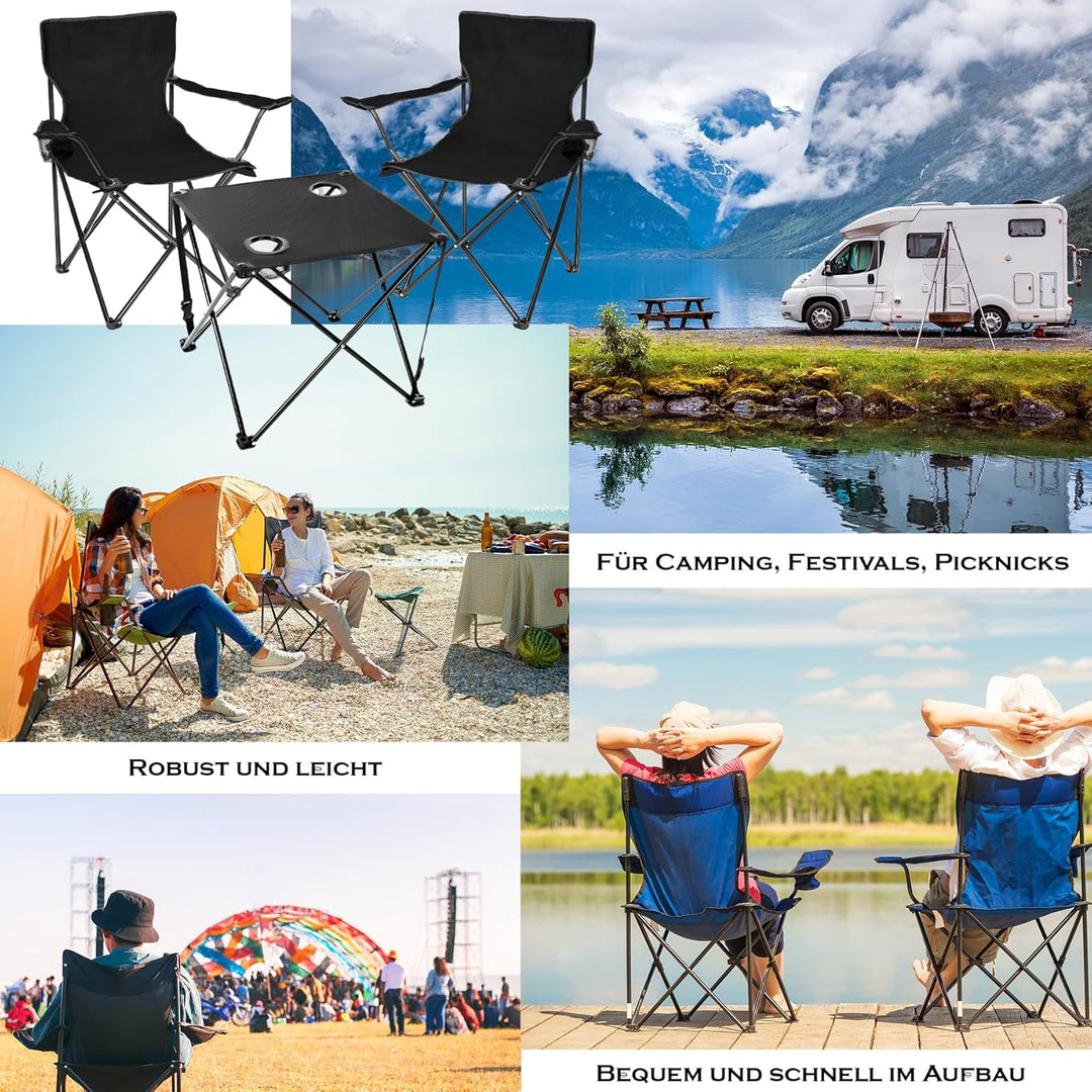 BigDean 2 Stück Campingstühle & Campingtisch faltbar – Faltstuhl in Schwarz mit Getränkehalter & Tra