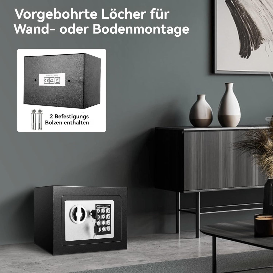 6,65L Kompakter Feuer- und Wasserdichter Tresor – Elektronischer Möbeltresor mit 2 Doppelstahlbolzen