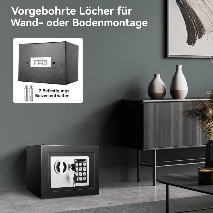 6,65L Kompakter Feuer- und Wasserdichter Tresor – Elektronischer Möbeltresor mit 2 Doppelstahlbolzen