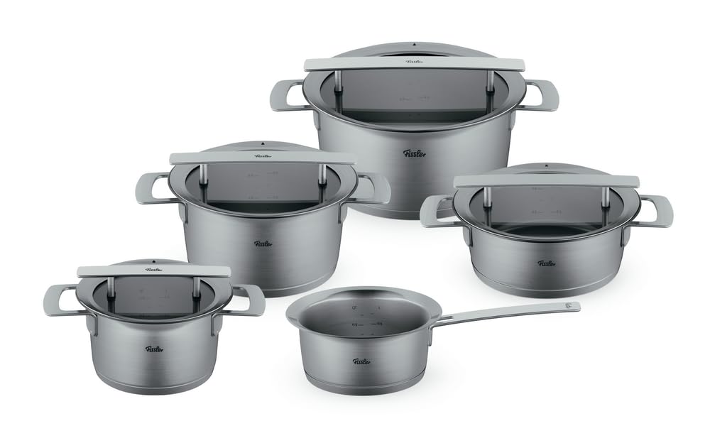 Fissler Phi Collection/Edelstahl-Topfset,5-teilig, Töpfe mit Glas-Deckel (3 Kochtöpfe, 1 Bratentopf,
