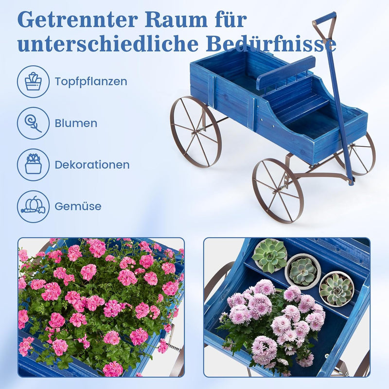 COSTWAY Blumenständer Holzwagen, Pflanzwagen Blumenwagen mit Rädern aus Metall, Blumenkasten Pflanze