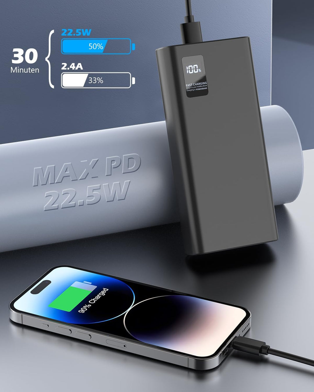 Power Bank 24000mAh,Powerbank klein Aber stark (USB C Output & Input) 5A Externer Handyakkus mit Sch