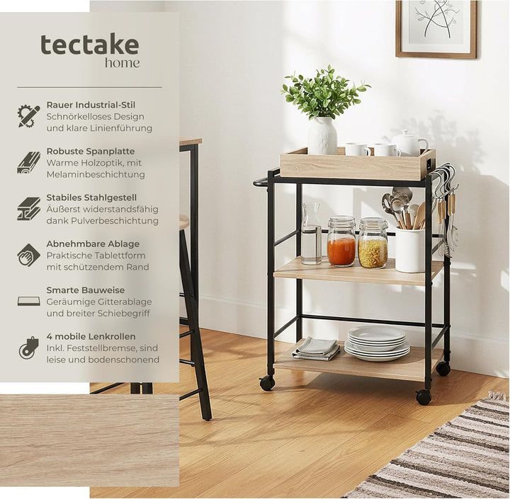 tectake® Servierwagen mit Rollen, abnehmbares Tablett, Kitchen Trolley 65 x 41,5 x 87 cm, Küchenwage
