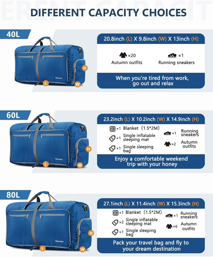 Gonex Faltbares Reisegepäck Leicht 40/60/80/100/150L Grosse Reisetasche Sporttasche für Reisen Fitne