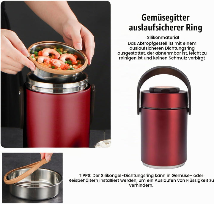 BuyWeek Thermobehälter für Essen, 2000ml Isolierte Lunchbox Edelstahl Warmhaltebehälter Tragbare 3 S