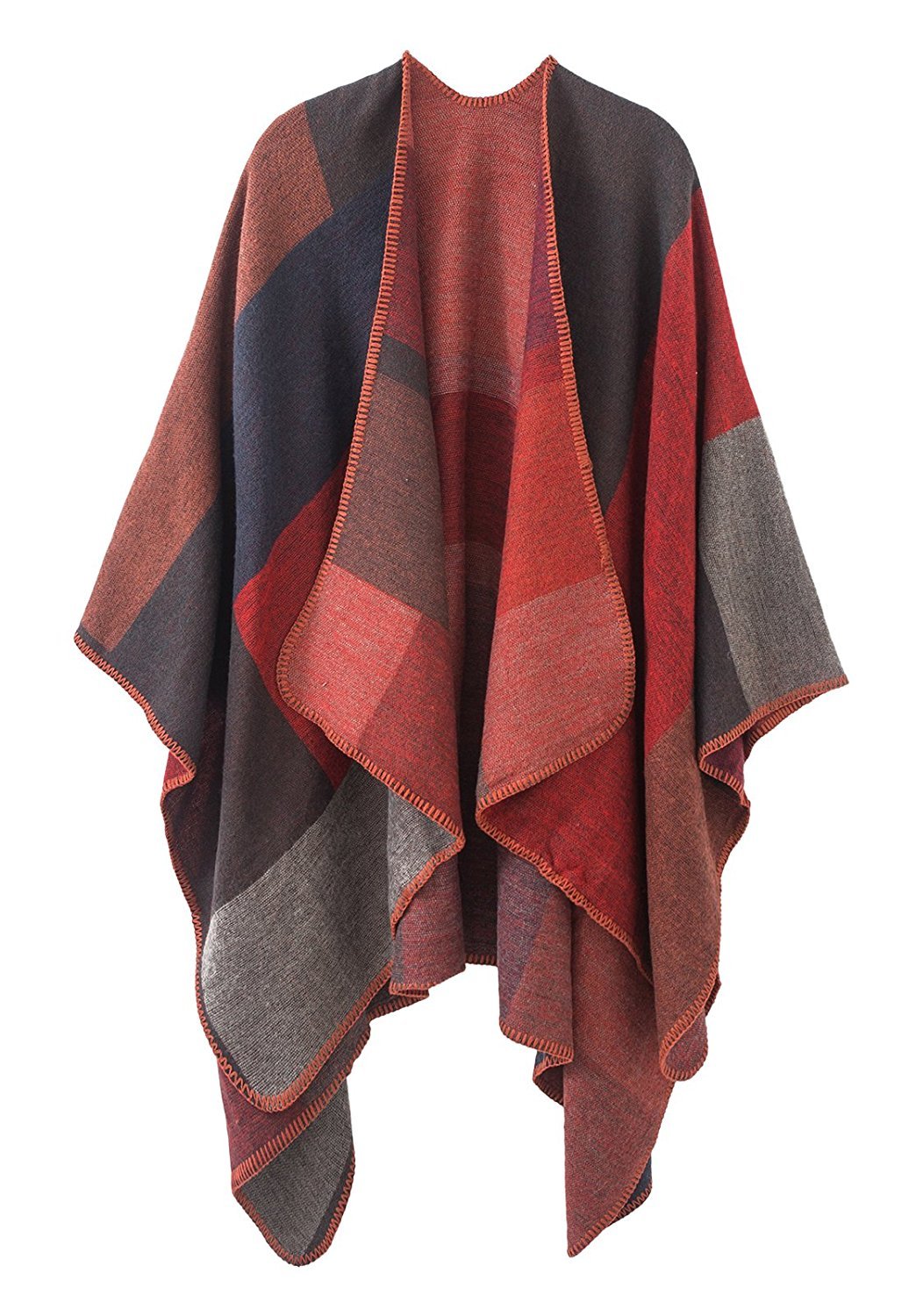 Shmily Girl - Damen Poncho Habe Gestrickt Überdimensionalen Decke Kap-Schal Plaid / Rot, Plaid / Rot