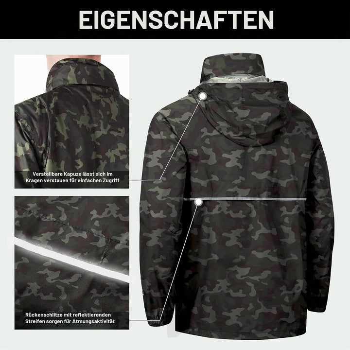 Outdoor Ventures Herren Regenjacke Wasserdichter Pullover mit Kapuze Packbare Reflektierende Jacke L