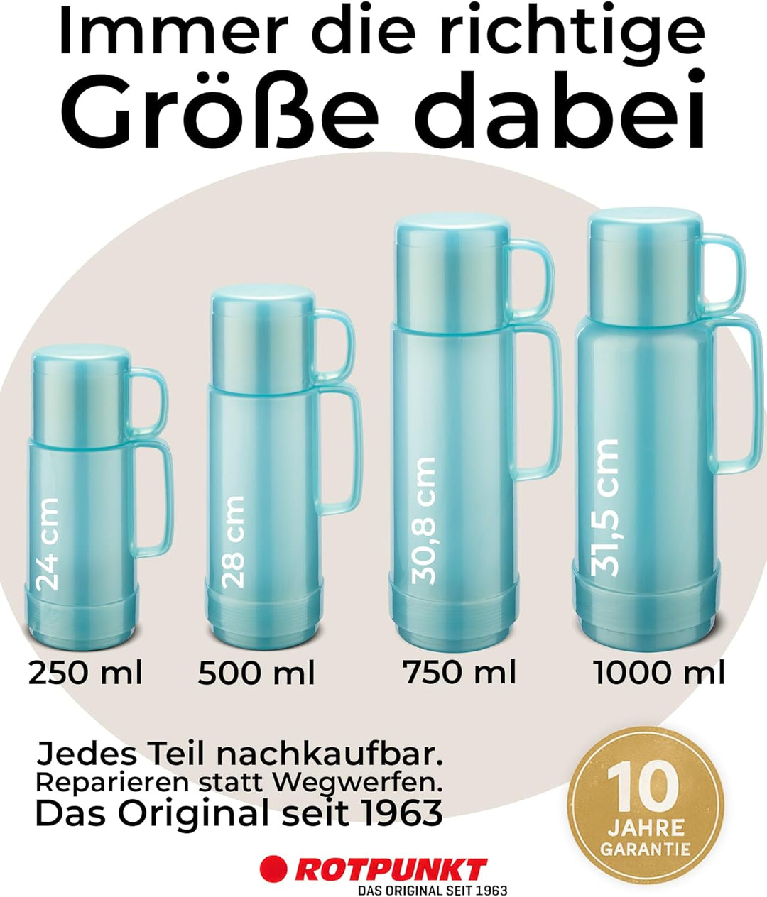 ROTPUNKT Isolierflasche 1 Liter mit integriertem Becher - Hochwertige Isolierkanne Made in Germany I