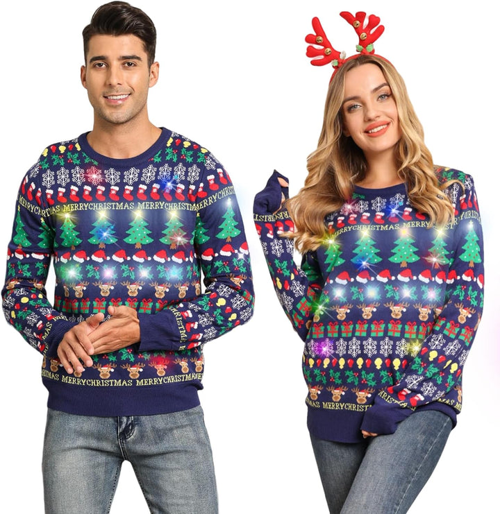 Belovecol Unisex Weihnachtspullover LED Ugly Christmas Sweater Pullover Langarm Strickpullover L Chr