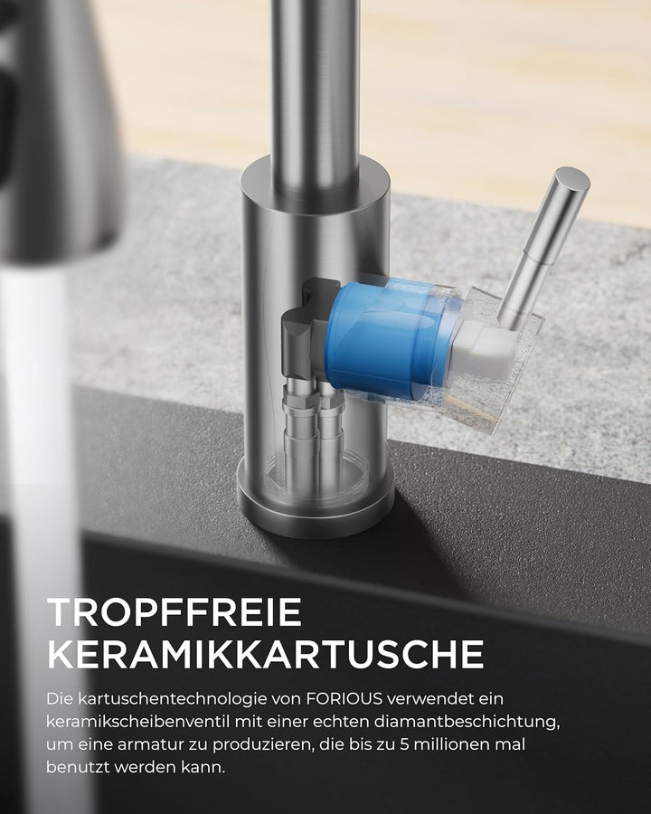 FORIOUS Wasserhahn Küche, Hochdruck Küchenarmatur mit Herausziehbarer Brause Ausziehbar Armatur, Mis