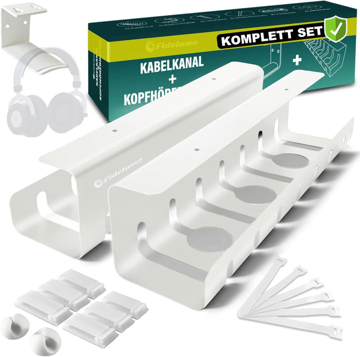Fidelamo® Kabelkanal Schreibtisch [2 Stück] inkl. Zubehör + Kopfhörerhalter [1 Stück] - Komplettset