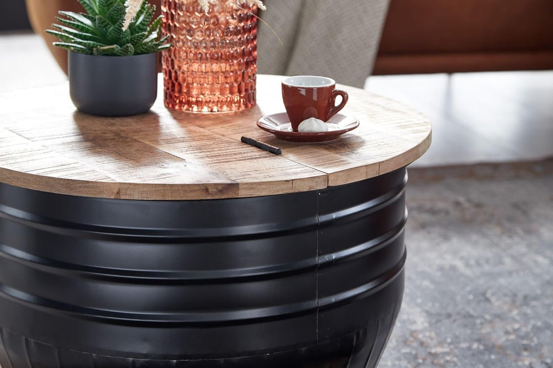 FineBuy Couchtisch Mango Massivholz Metall 60x41x60 cm Industrial Style Rund | Design Wohnzimmertisc