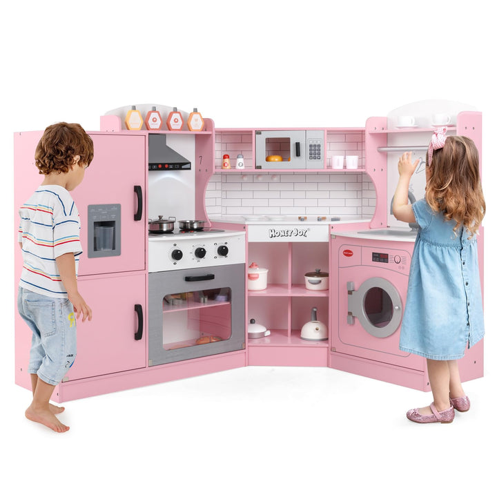 COSTWAY Kinderküche Eck, Spielküche mit Licht & Sound, Kinderspielküche mit Spüle, Eismaschine, Back
