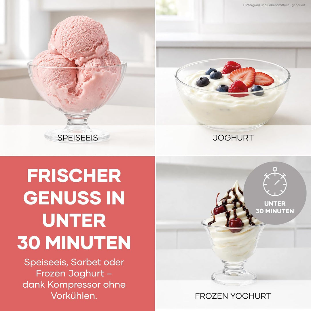 SEVERIN Kompakt Eismaschine &amp; Joghurtbereiter, platzsparende Eismaschine mit Kompressor im Slim-Desi