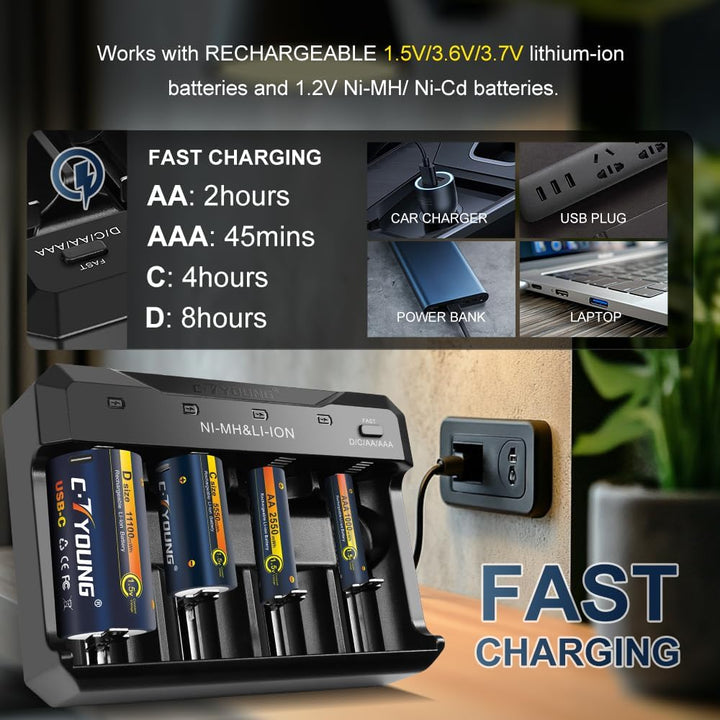 Wiederaufladbare D Batterien mit USB Typ-C Universalladegerät, 4er-Pack 1,5V Lithium D-Zelle 11000mW