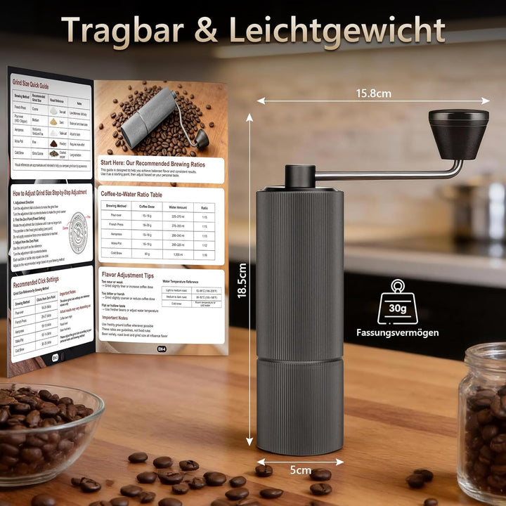 Manuelle Kaffeemühle, Handkaffeemühle mit 30 Einstellbaren Stufen, Kaffeemühle Manuell mit Edelstahl