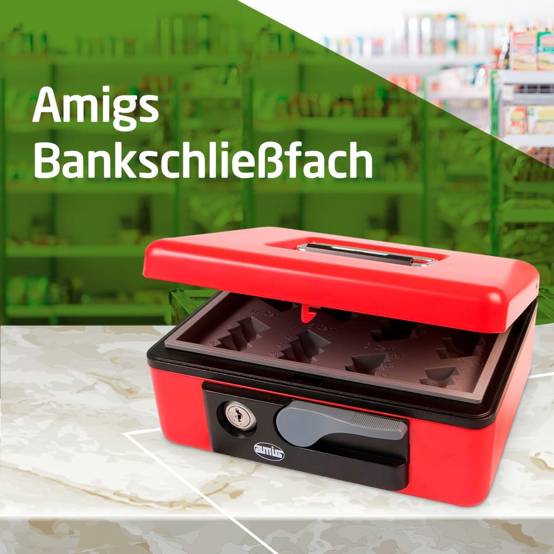 Amig - Sicherheits Geldkassette aus Stahl | Mit Münzschale und Schlüssel | Automatischer Griff | Kom