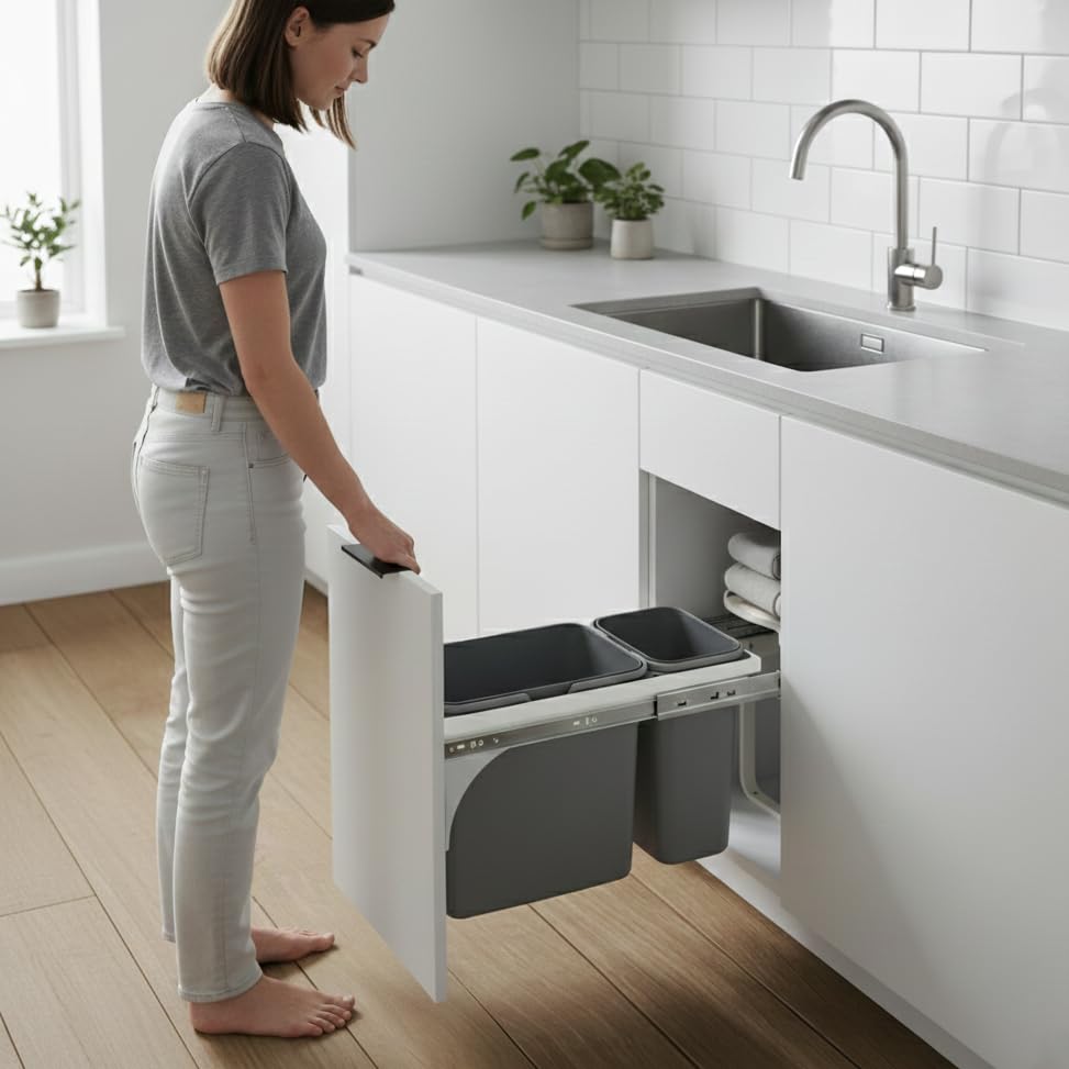 Einbau-Mülleimer für 30 cm Schrank 2-fach Abfallsystem mit Deckel Soft-Close & Vollauszug 26,4 x 50