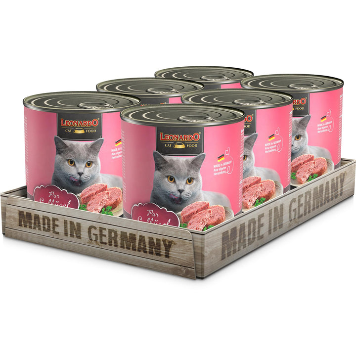 LEONARDO Nassfutter für Katzen, Geflügel pur, 6X 800g Dose, Katzenfutter getreidefrei, Alleinfutter,