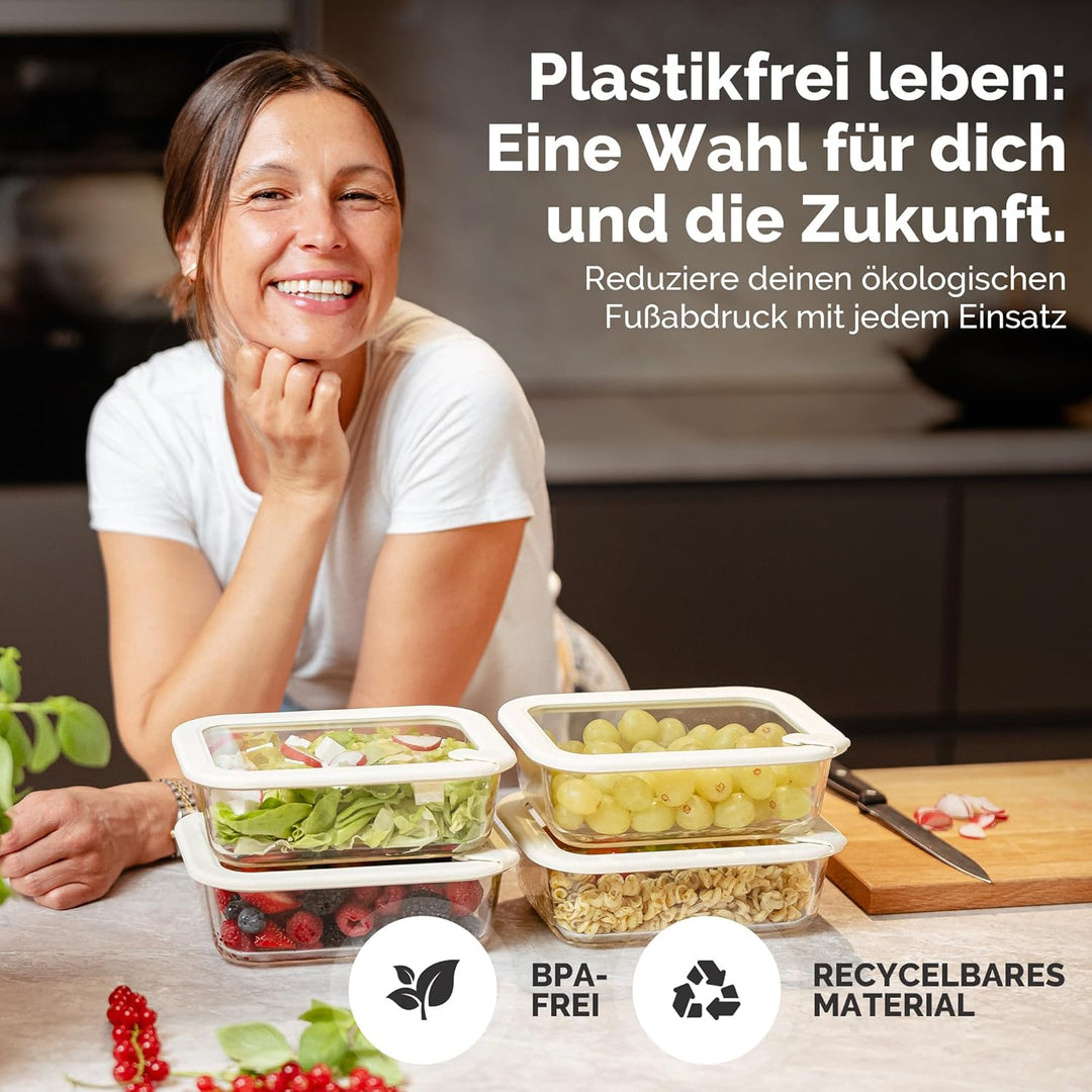 Frischhaltedosen Set 4x1020ml – Borosilikatglas, Glasbehälter luftdicht & mikrowellengeeignet, Meal