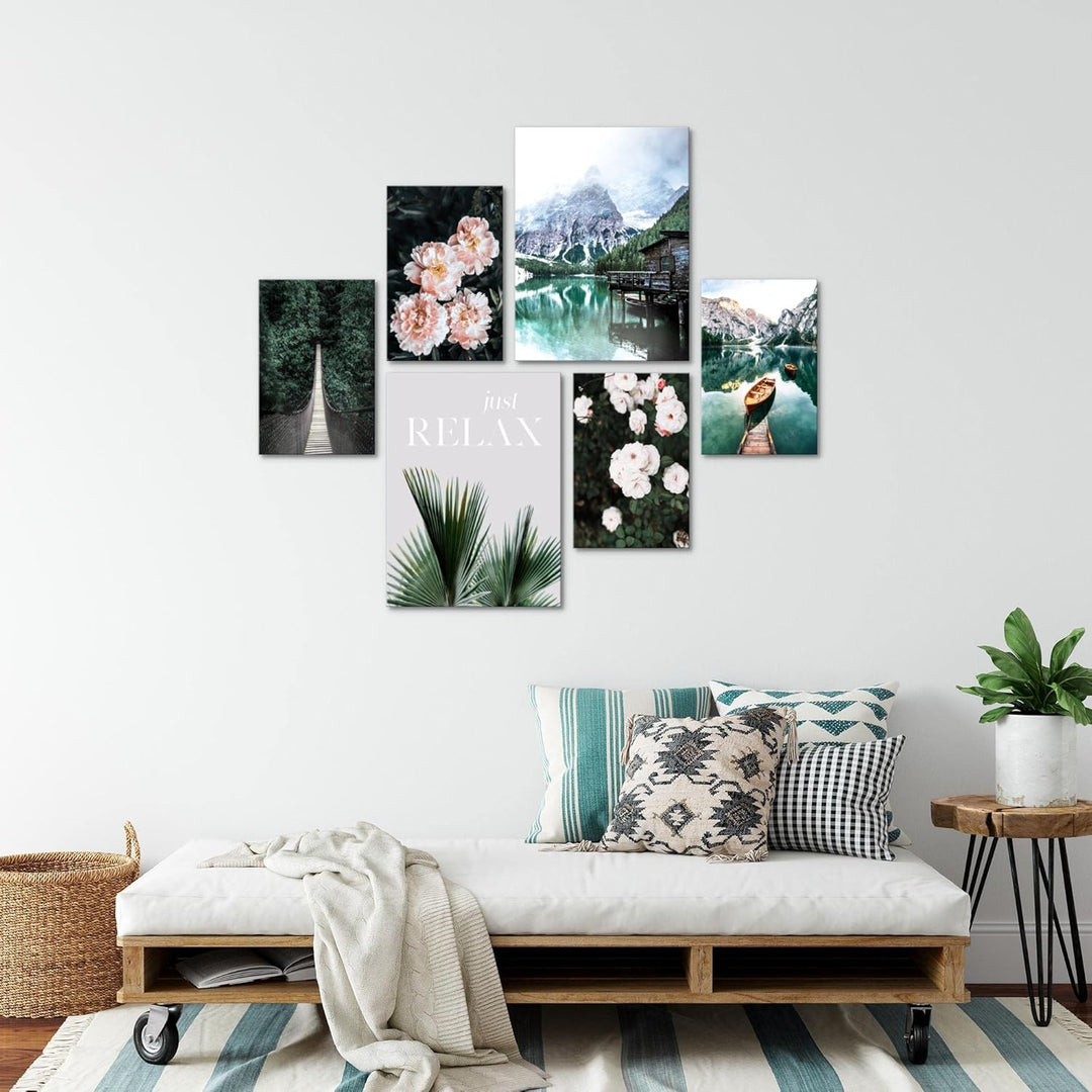 Novart Wandbilder Set See Berge grün Natur - KEIN EXTRA RAHMEN BENÖTIGT - Modern Deko - Wohnzimmer S