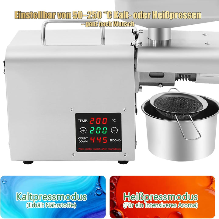 Ölpresse Elektrische Ölpresse aus Edelstahl 304, 150W Vollkupfermotor für Kalt & Heisspressung, 6-13