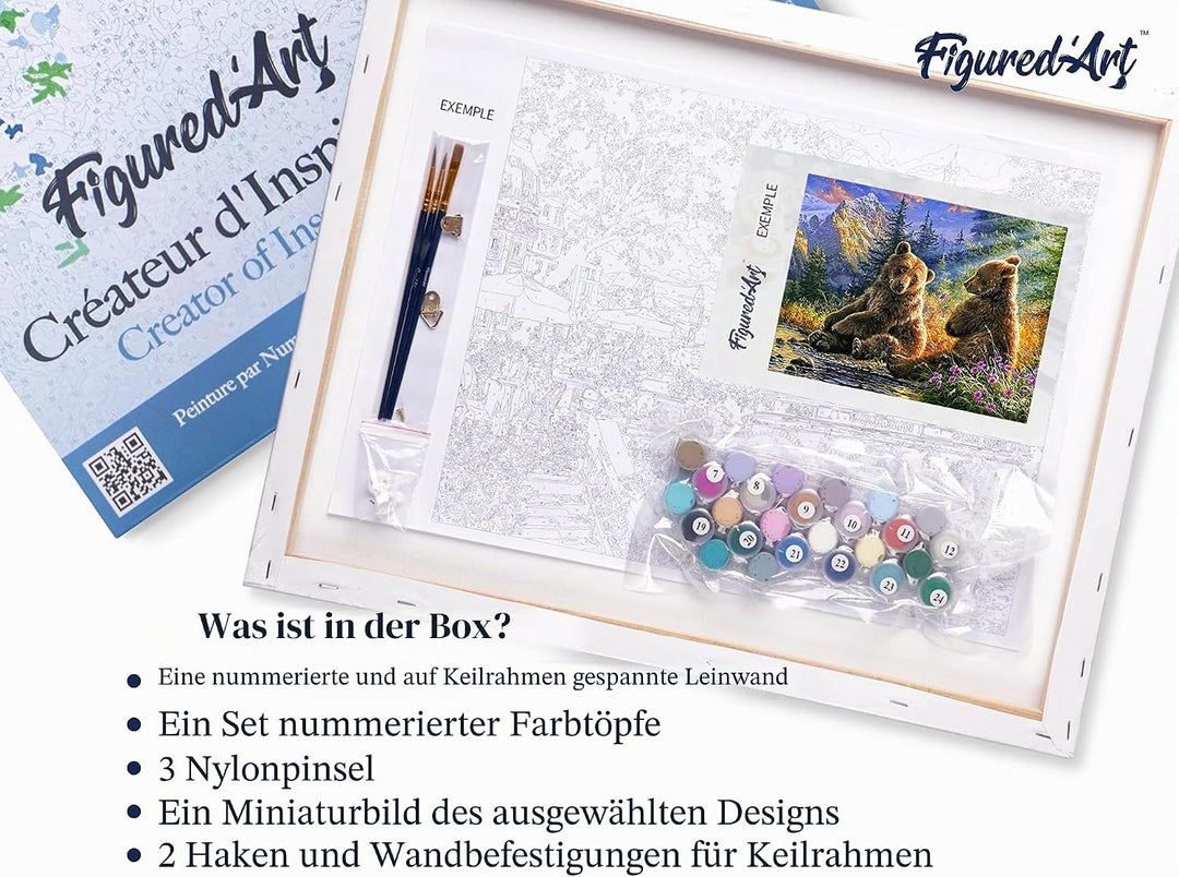 Figured'Art Malen Nach Zahlen Erwachsene Mit Rahmen Bärenpaar - Paint by Numbers Basteln DIY Bastels