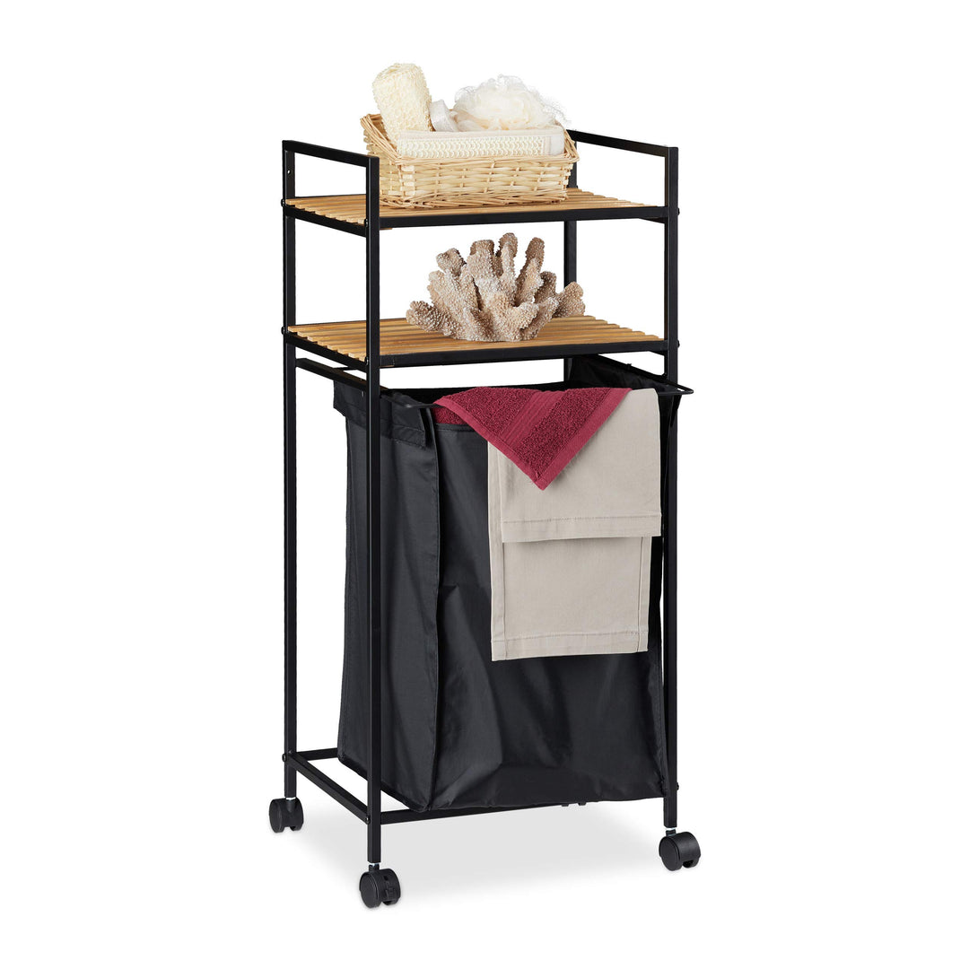 Relaxdays Rollregal Bad, 2 Ablagen, Badregal mit Wäschekorb, Metall, Bambus, HBT: 89,5 x 39 x 32,5 c