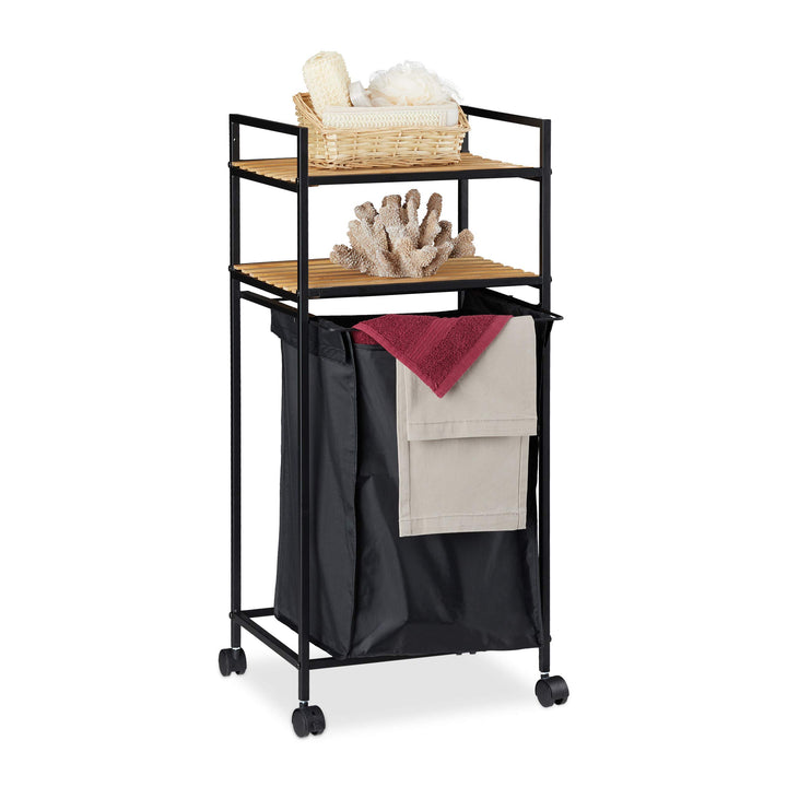 Relaxdays Rollregal Bad, 2 Ablagen, Badregal mit Wäschekorb, Metall, Bambus, HBT: 89,5 x 39 x 32,5 c