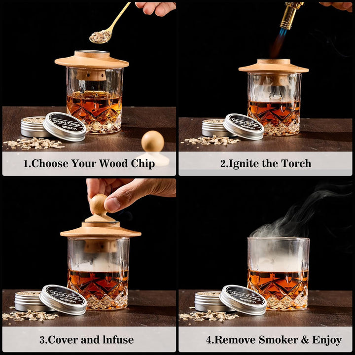 Cocktail Smoker Set – Whiskey Räucher-Set mit 6 Holzsorten & Taschenlampe – Rauchgenerator für Cockt