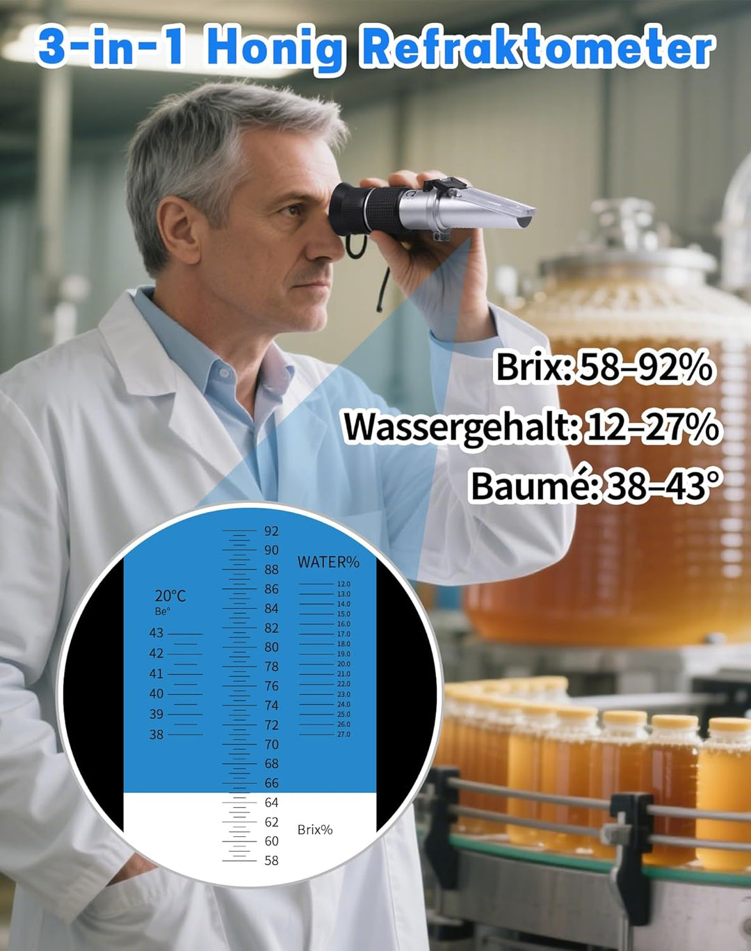 3 in 1 Honig Refraktometer mit ATC Imker Refraktometer Brix 58-92% Wassergehalt im Honig 12-27% Baum