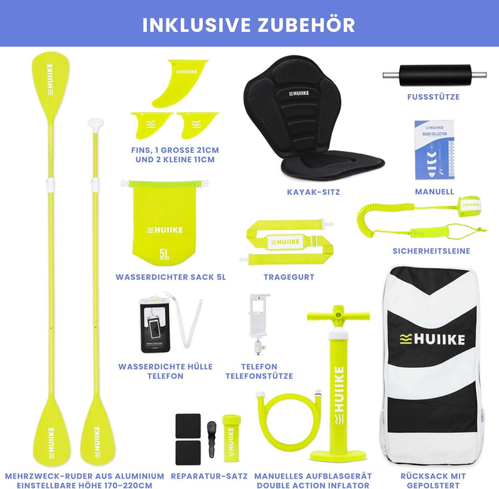HUIIKE Stand Up Paddling Board mit Zubehör, Paddel, Finnen, Pumpe. Paddle Sup Board Aufblasbar Hohe