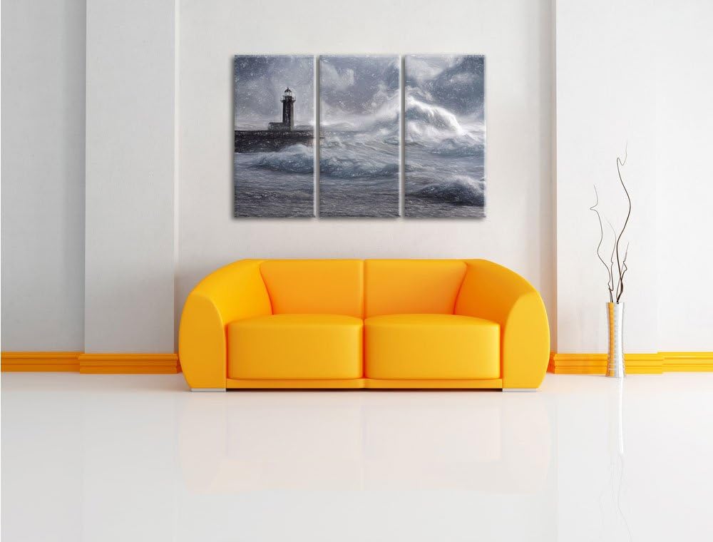 Pixxprint Sturmwellen Leuchtturm Portugal Kunst Buntstift Effekt 3-Teiler Leinwandbild 120x80 Bild a