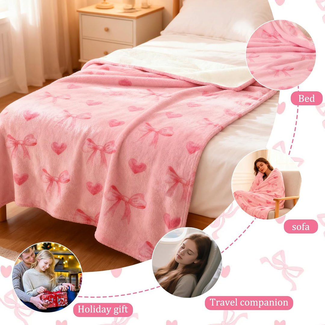 Rosa Schleife Flauschig Kuscheldecke, Decke Aesthetic mit Schleifen und Herzen, Kuscheldecke 130x150