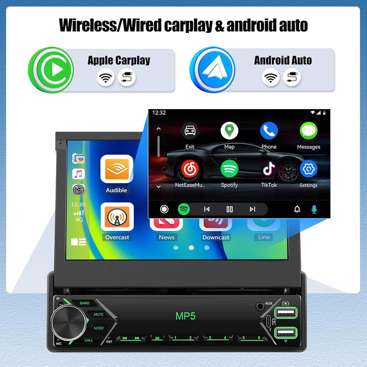 CAMECHO Autoradio 1 Din Wireless Carplay mit HD Rückfahrkamera, 7 Zoll Touchscreen Bluetooth Radio M