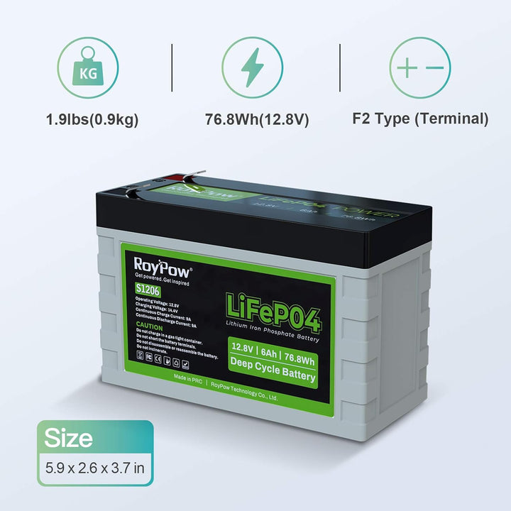 RoyPow LiFePO4 Deep Cycle Batterie 6Ah 12V Wiederaufladbare Lithium Eisenphosphat Batterie 12V 6A, 1