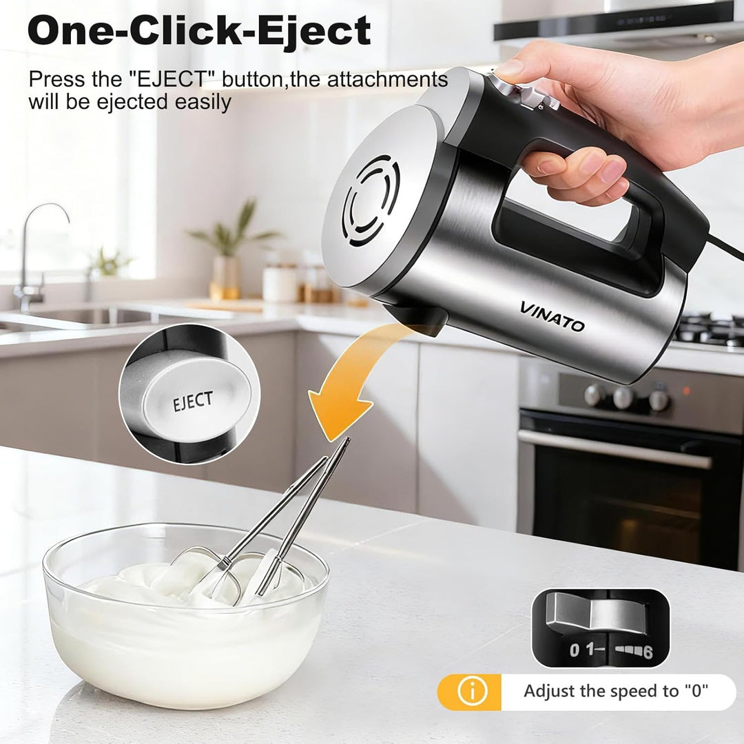 VINATO Elektrischer Handmixer, 300W mit 6 Stufen, 2 Edelstahl-Rührbesen & Knethaken | Für Teig, Eier