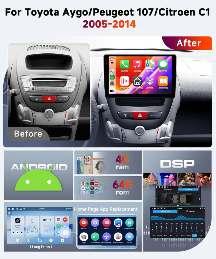 【2+32G】 Hodozzy Carplay/Android Auto Android Autoradio 2 Din für Toyota Aygo/Peugeot 107/Citroen C1