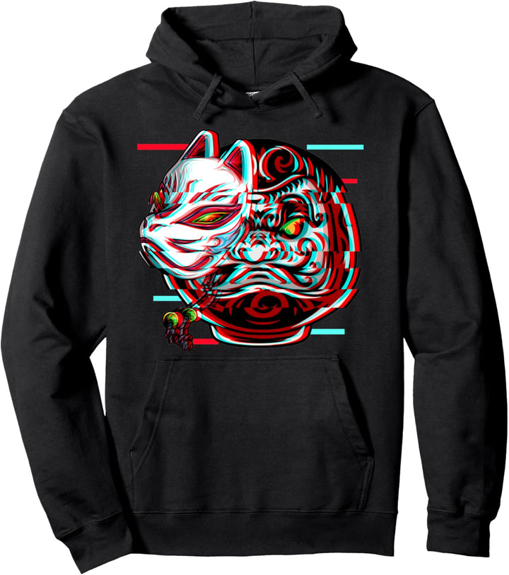 Vaporwave Japanese Daruma Doll Japan Culture Fox Mask Glitch Pullover Hoodie