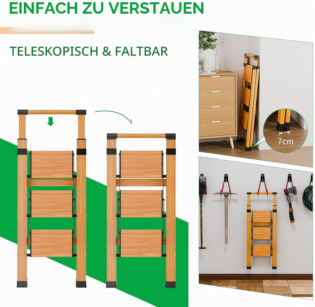 KULACO Trittleiter 3 Stufen klappbar, rutschfeste Haushaltsleiter, Multifunktionsleiter Holzmaserung