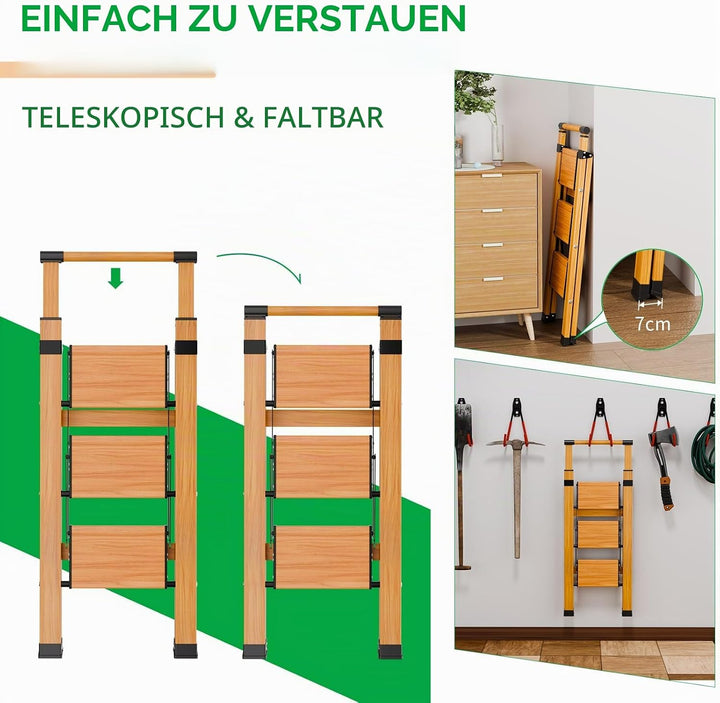 KULACO Trittleiter 3 Stufen klappbar, rutschfeste Haushaltsleiter, Multifunktionsleiter Holzmaserung