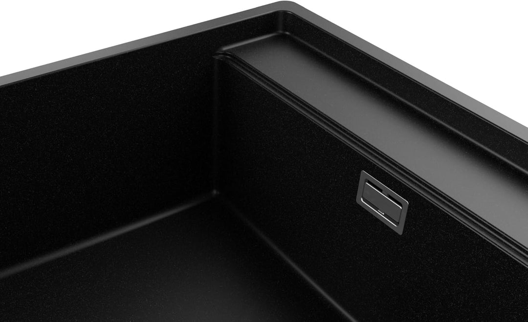 Eckspüle Schwarz 56x53cm, Granitspüle 1 Becken + Ablauf-Set + Schneidebrett, Küchenspüle ab 60er Unt