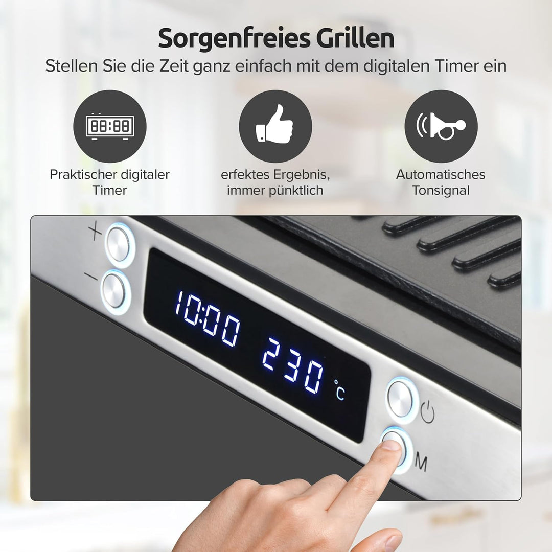 Olvy Sandwichmaker XXL, Digitaler Kontaktgrill mit Antihaftplatten, 3-in-1 Panini Maker, 180° offene