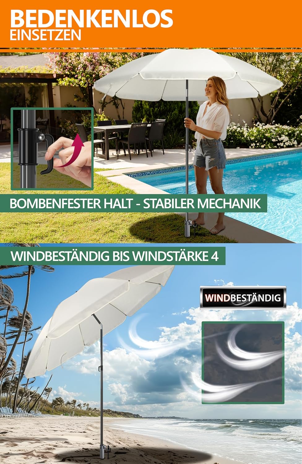 4smile Sonnenschirm Strand 3-IN-1-SET, Ø180 cm Strandschirm windfest stabil + Schutzhülle + Eindrehb