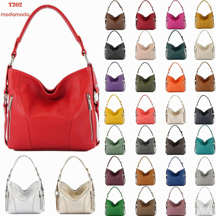 modamoda de - T202 - ital. Damen Henkeltasche Schultertasche aus Leder Creme, Creme